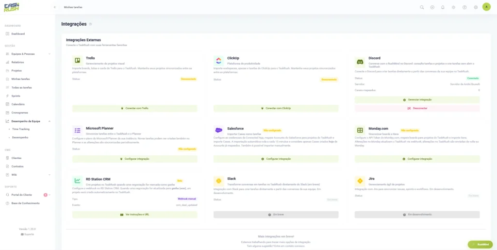 Tela de integrações do TaskRush com Trello, ClickUp, Discord, Microsoft Planner, Salesforce, Monday.com, RD Station CRM, Slack e Jira.