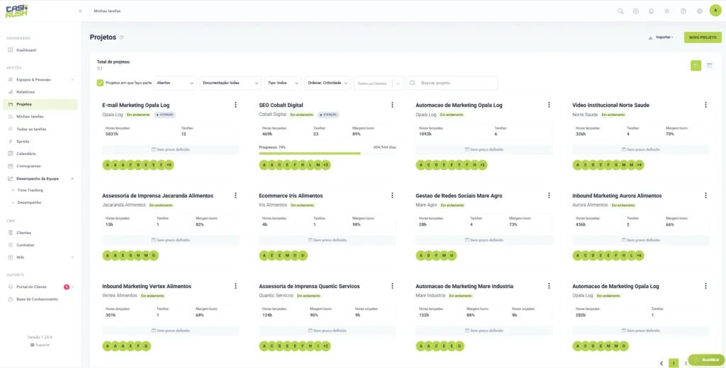 Tela de projetos do TaskRush com visão geral de horas, tarefas, progresso, margem de lucro e membros de cada projeto.