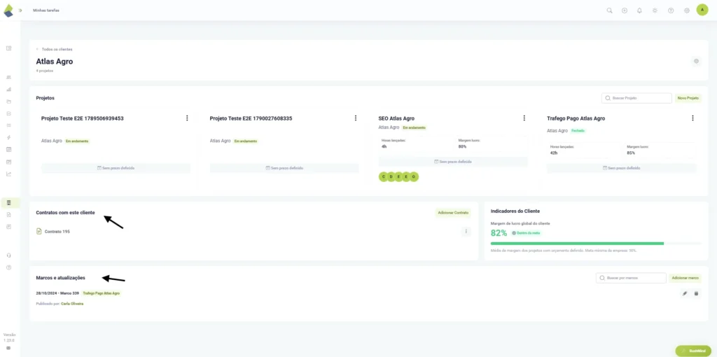 Visão geral de cliente no TaskRush com projetos, contratos, margem de lucro e marcos de atualização.