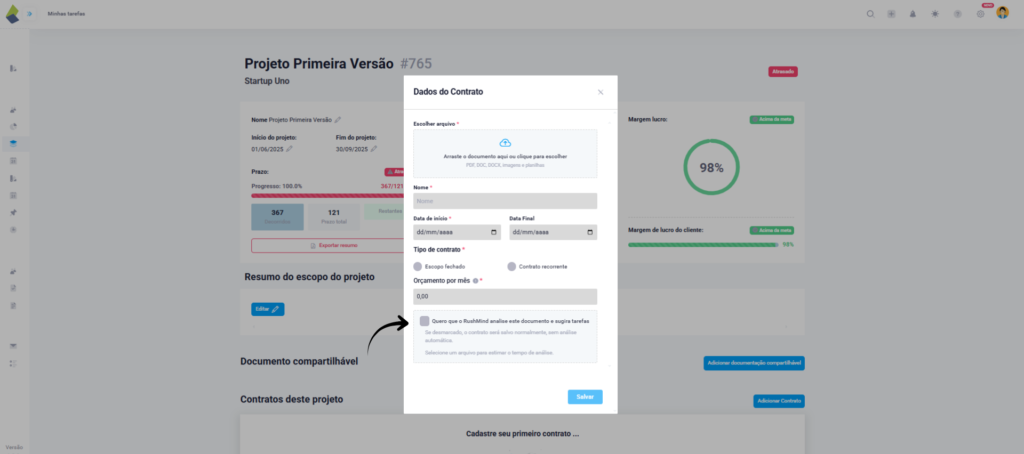 Funcionalidade do RushMind no TaskRush que analisa contratos enviados ao projeto e sugere tarefas automaticamente com base no escopo e entregas previstas no documento.
