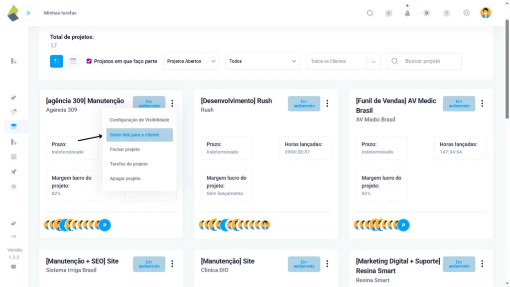 print da tela do taskrush mostrando como compartilhar um link de um projeto para o cliente