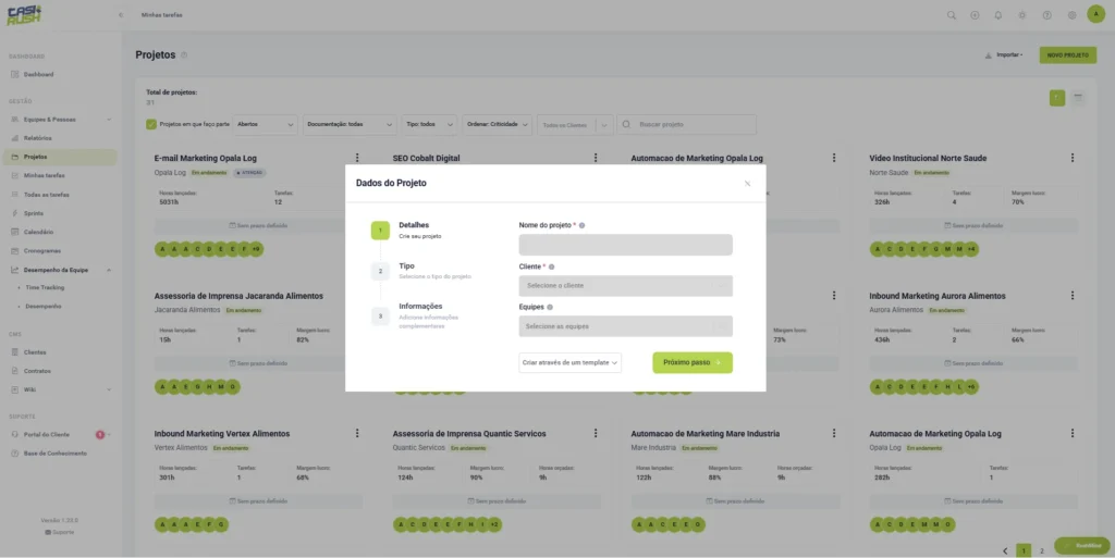 Tela de criação de projeto no TaskRush com campos para nome do projeto, cliente, equipes e opção de usar um template.