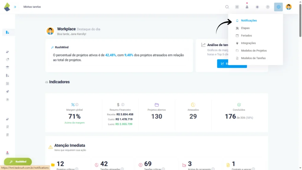 Menu de configurações no TaskRush com a opção “Notificações” destacada no canto superior direito da tela.