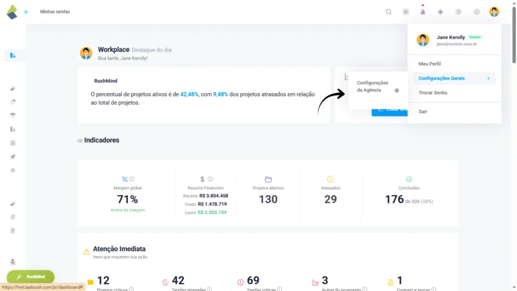 Menu do perfil no TaskRush mostrando o caminho “Meu Perfil > Configurações Gerais” no canto superior direito.