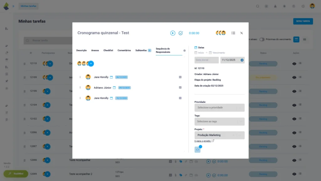 Tela da tarefa no TaskRush exibindo a aba Sequência de Responsáveis com usuários organizados em ordem e datas de entrega individuais