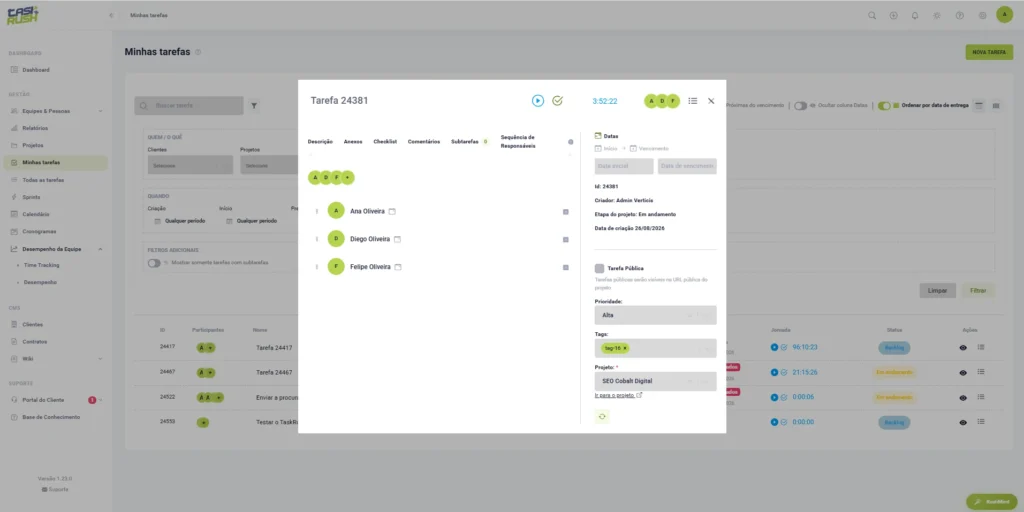 Detalhes de uma tarefa no TaskRush com múltiplos responsáveis, prioridade, projeto, datas e acompanhamento de horas.