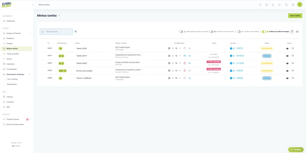 Tela Minhas tarefas do TaskRush com lista de atividades, participantes, projetos, prazos, horas registradas e status.