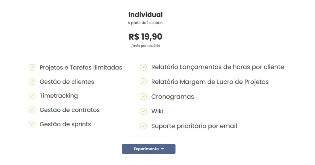 Imagem do plano Individual do TaskRush com título, preço (R$19,90 por usuário/mês), botão "Experimente" e todos os recursos disponíveis como tarefas ilimitadas, gestão de clientes, relatórios e suporte por e-mail.