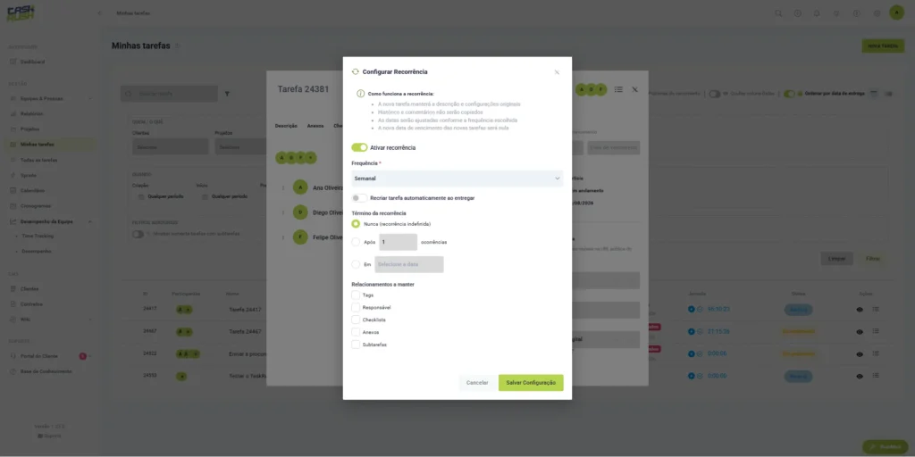 Configuração de recorrência de tarefas no TaskRush com frequência, término da recorrência e relacionamentos a manter.