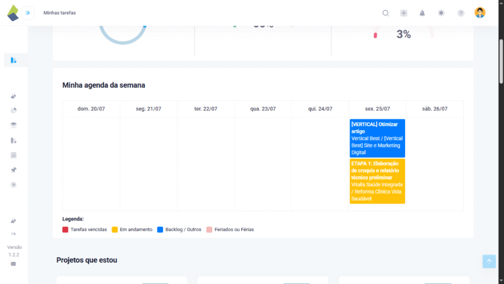Tela do calendário de tarefas no TaskRush mostrando a agenda semanal, com legendas para tarefas vencidas, em andamento, backlog e feriados