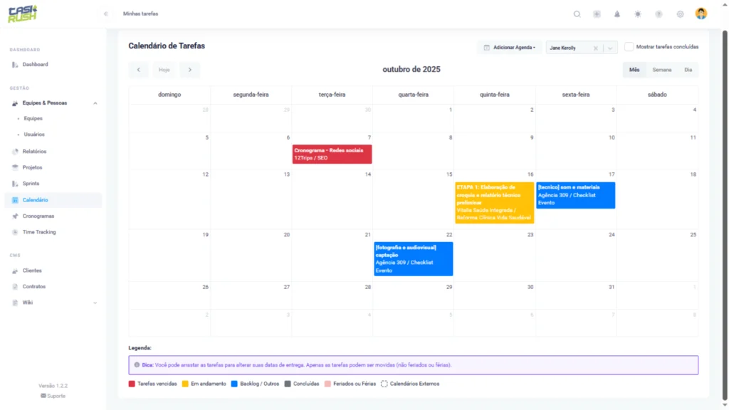 Tela do calendário de tarefas no TaskRush mostrando a agenda semanal, com legendas para tarefas vencidas, em andamento, backlog e feriados. agora com opçao de adicionar agenda
